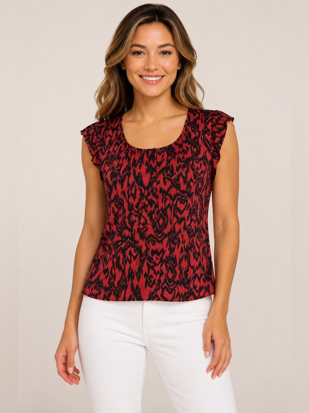 WESTERN CONNECTION Sleeveless Red and Black Printed Blouse with Buttons